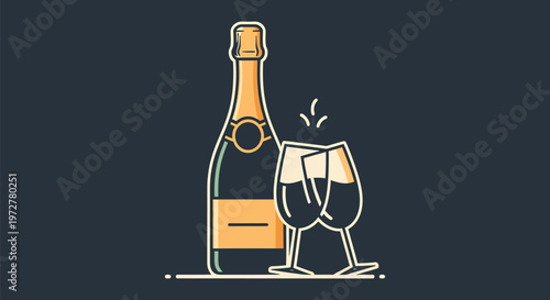 a champagne bottle with two glasses on a dark background, perfect for celebrations, parties, or special occasions