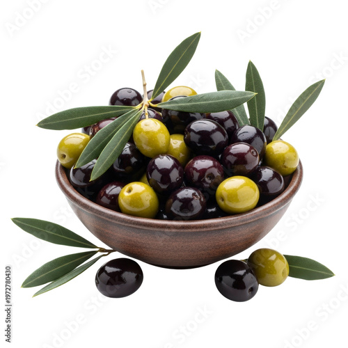 Bowl of black and green olives with leaves