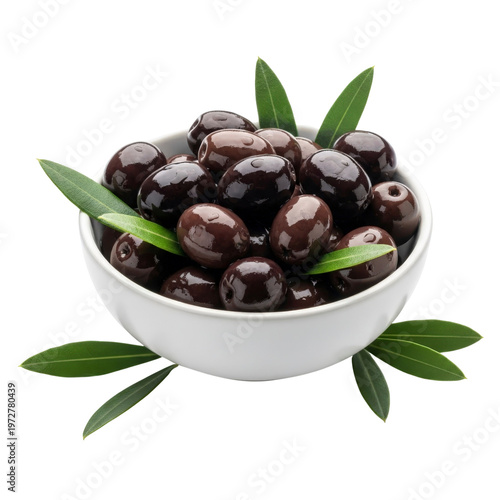 Bowl of black olives with leaves