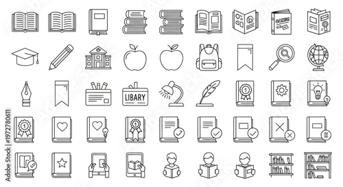A collection of educational icons for school and learning concepts, useful for websites, presentations, and educational materials.