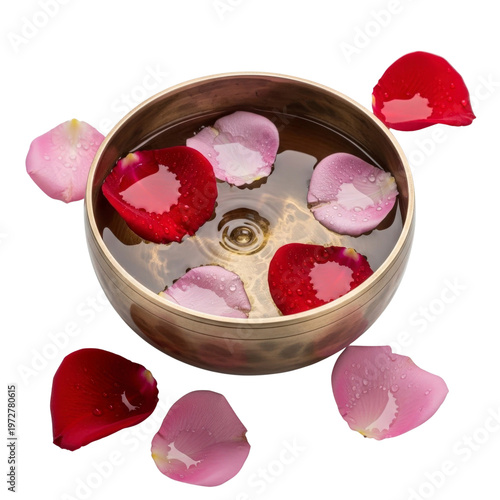 Singing bowl with rose petals and water