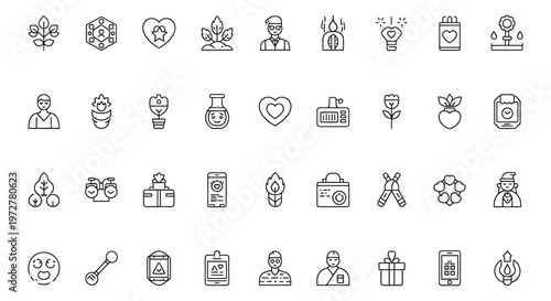 a collection of line icons representing business, health, and technology concepts, ideal for use in marketing materials, websites, and mobile apps