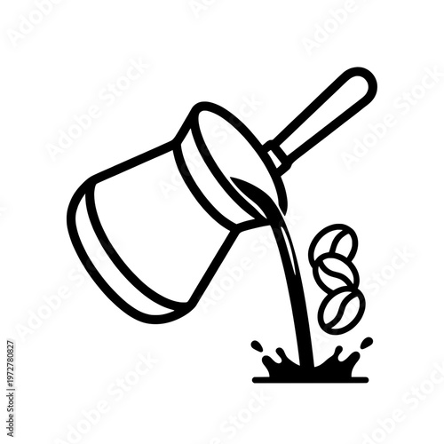 coffee pot pouring beans line drawing illustration vector clipart black and white