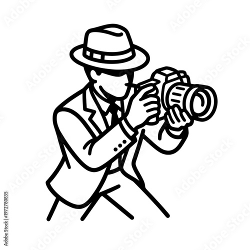 photographer with camera line drawing illustration vector clipart black and white