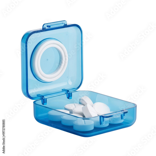 Blue pill box with white pills