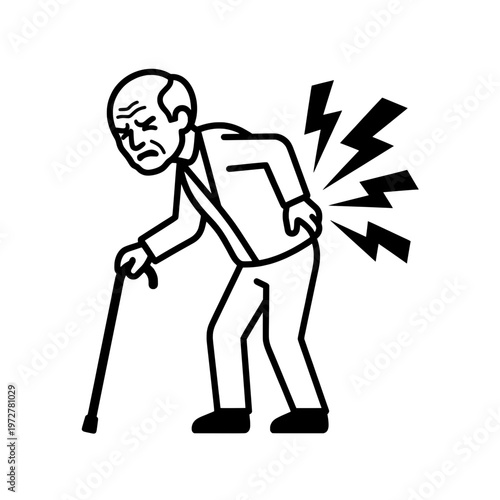 elderly man with back pain using cane line drawing illustration vector clipart black and white