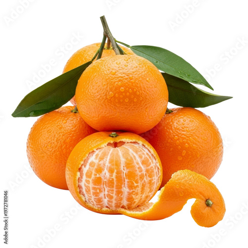 Fresh tangerines with leaves and water drops