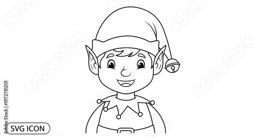 Cute Elf Character Icon, Black and White Outline, Christmas Holiday Vector Art