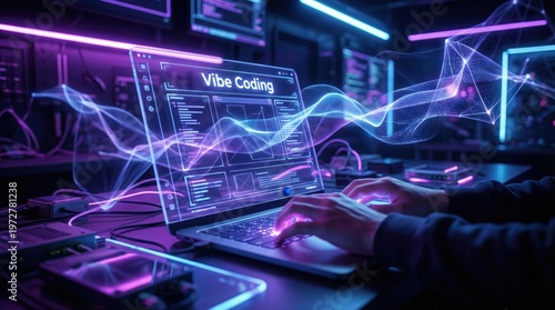 A person coding on a laptop with a futuristic vibe in a dark room with neon lights and a wave design on the screen