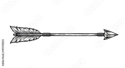 Vintage Arrow Illustration with Feather Fletching and Sharp Point