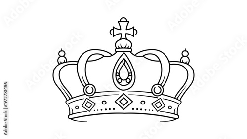 Elegant royal crown vector icon featuring minimalist black line art on a white background. Hand-drawn outline illustration of a majestic monarch headpiece, perfect for luxury branding and logo design.