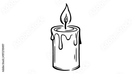 Minimalist black line vector icon illustration of a lit candle with a flickering flame and dripping wax, hand-drawn outline style on a white background, perfect for clean graphic design projects.