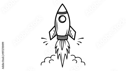 Hand-drawn minimalist black line vector icon of a rocket ship launching into space with fire and smoke, isolated on a white background. Ideal for startup, business, and technology project designs.