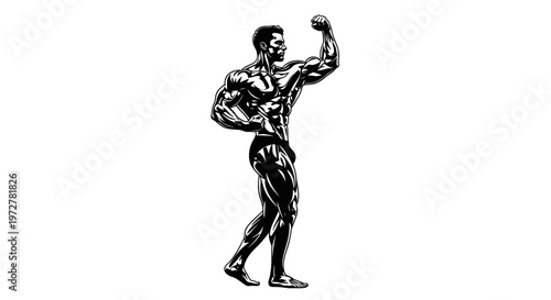 Bodybuilder Flexing Biceps Muscle, Athletic Man Posing, Fitness Silhouette
