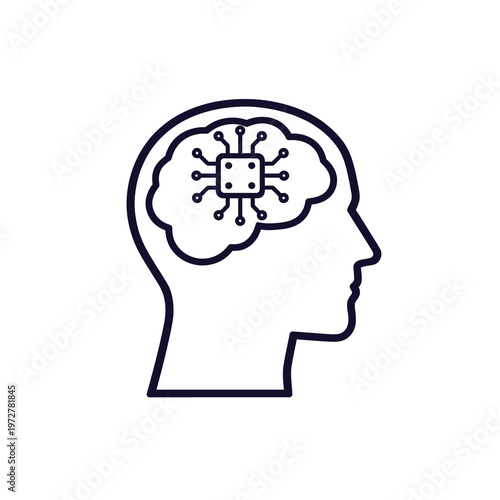 Vector of a human head with a brain containing a computer chip