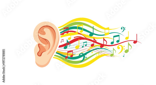 Ear Hearing Music Notes Sound Waves Colorful Abstract