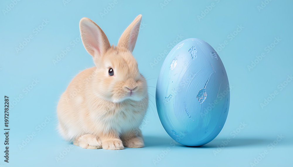 Fototapeta premium White Rabbit Holding Blue Easter Egg 