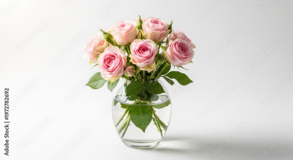 Obraz premium Delicate pink roses in a glass vase on white background.