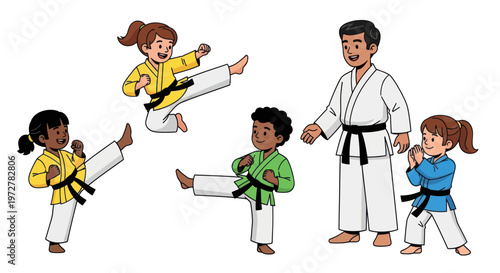 Karate instructor teaching diverse children martial arts kicks and stances