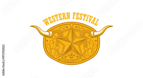 Western Festival Emblem with Star, Longhorn Skull, Cactus and Ornate Border