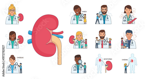 Kidney Health Care Collection: Doctors, Patients, and Kidney Anatomy Icons