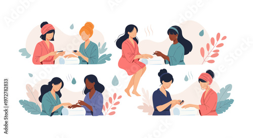 Women Doing Manicure, Nail Care, Beauty Salon, Spa Treatment, Hand Painting