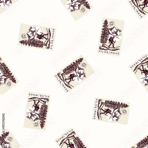 Pilgrim man figure with backpack seamless vector pattern. Hand drawn black and white religious christian pilgrimage background. For hiking all over print. 