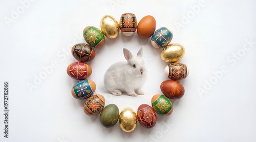 White rabbit surrounded by colorful Easter eggs, a bright spring holiday celebration scene