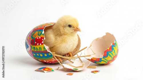 Easter chick hatching from a colorful egg on white background