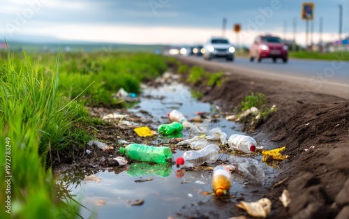 Stagnant Water in a Ditch Filled with Trash along a Roadside
