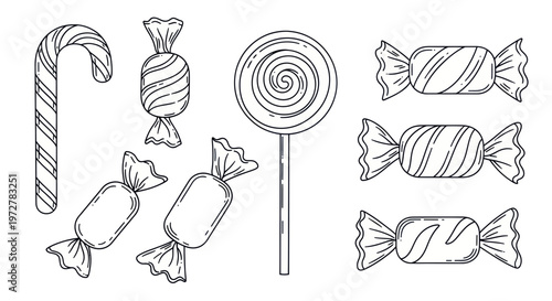 Photos Hand-drawn Candy Collection: Lollipop, Candy Cane, Wrapped Sweets - Black and Wh