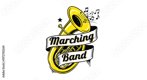 Tuba Instrument with Marching Band Ribbon and Music Notes
