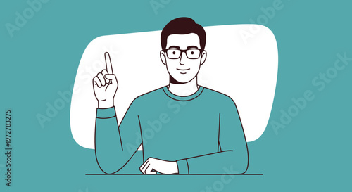 Young man with glasses raising his index finger having a creative idea or making a point, professional vector illustration of a smart male character suggesting a solution.