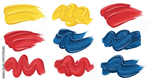 Vibrant Paint Strokes: Yellow, Red, and Blue Brush Swirls on White Background