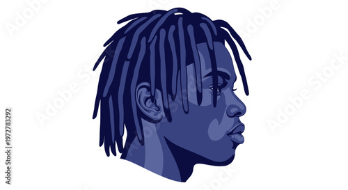 Young Man Profile Portrait, Dreadlocks Hairstyle, Blue Tones, Isolated on White Background