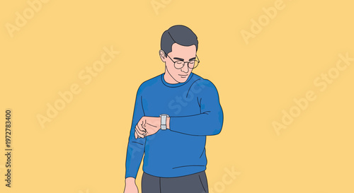 Young man in blue sweater and glasses checking the time on his smartwatch against a yellow background