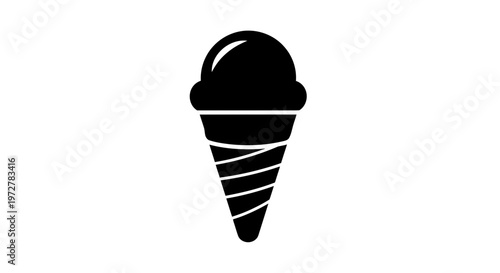 Minimalist Black Ice Cream Cone Icon with a Single Scoop for Dessert and Food Graphics Isolated on White Background