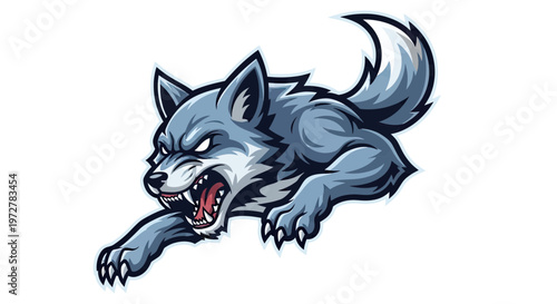 Aggressive Wolf Mascot Vector Illustration, Angry Grey Wolf Snarling and Jumping for E-sports Team Logo Design