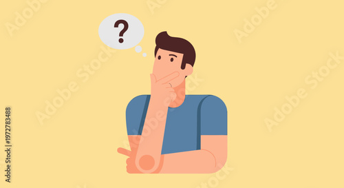 Thoughtful Young Man Thinking with Question Mark in Thought Bubble, Conceptual Vector Illustration of Decision Making and Confusion