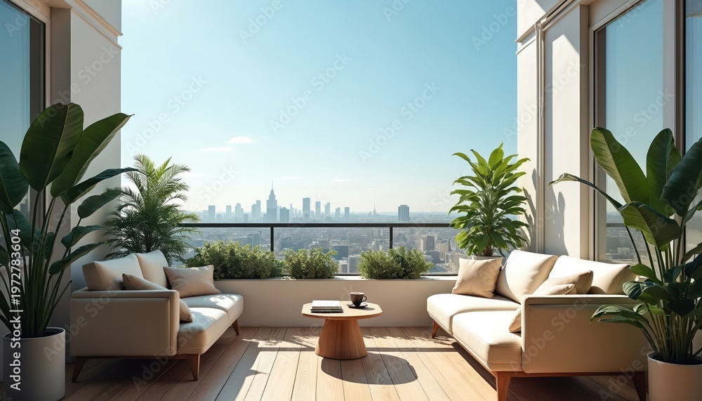 Fototapeta premium Modern balcony with beige sofas and plants offers city skyline view. Sunlight streams on wooden floor, creating bright, airy outdoor living space with urban panorama. Enjoy peaceful city life.