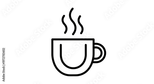 Minimalist Hot Coffee or Tea Cup Icon with Steam, Black Line Art Illustration for Cafe and Beverage Concepts