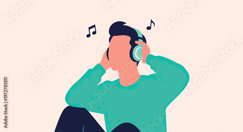 Young man listening to music with headphones vector illustration. Minimalist character design of person enjoying audio content or podcast on a plain background.