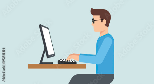Professional Man with Glasses Typing on Desktop Computer in Home Office Workspace Illustration