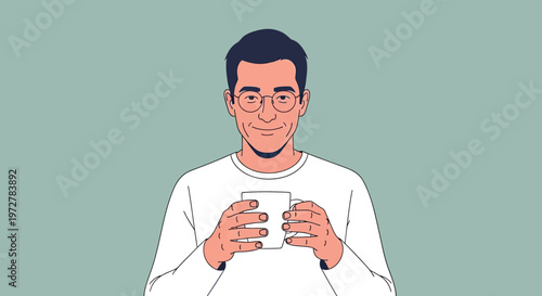 Portrait of a Smiling Man Wearing Glasses and Holding a White Ceramic Coffee Mug Vector Illustration