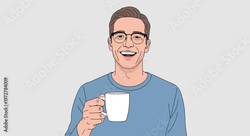 Happy young man with glasses holding a cup of coffee and smiling, vector illustration portrait of a male professional taking a drink break.