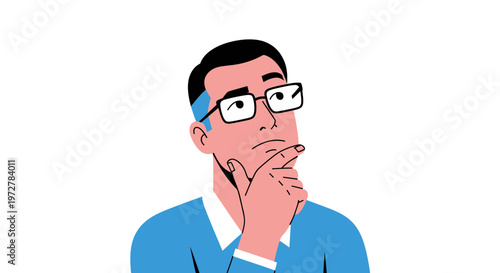 Thoughtful Man with Glasses Pondering and Looking Up, Vector Flat Illustration of a Pensive Male Character Making a Decision