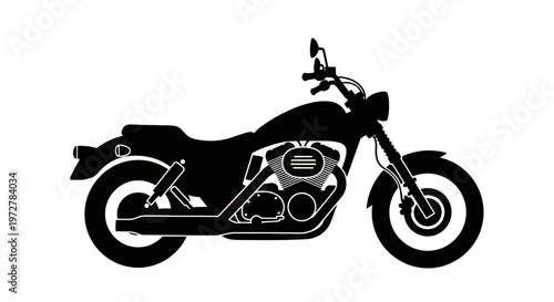 Black Silhouette of a Classic Cruiser Motorcycle, Vector Illustration of a Custom Chopper Motorbike Isolated on White