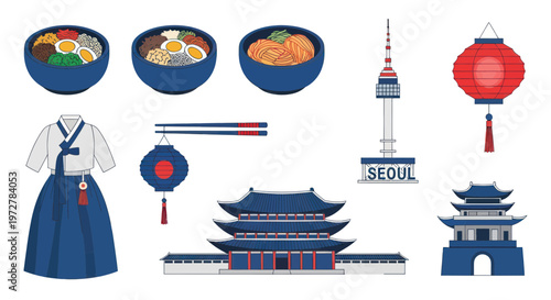 South Korea Culture Travel Icons: Food, Hanbok, Seoul Tower, Palaces, Lanterns