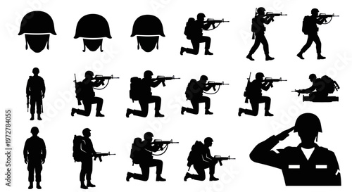 Soldier Silhouettes: Combat, Salute, and Marching Poses - Military Action