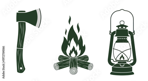Camping Essentials: Axe, Campfire, and Lantern Icons